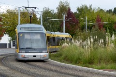 Metro do Porto Bombardier Flexity-Outlook tram (Line D) photographed between the metro stations Pólo Universitário and IPO, 16. October 2016