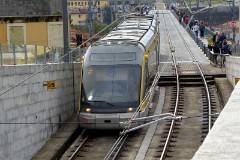 Metro do Porto Bombardier Flexity-Outlook tram (line D) going underground at Av. Vimara Peres after crossing Rio Douro, 16. October 2016