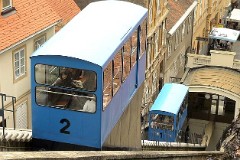 Zagreb, 12. July 2007.  In operation since 1893. Length of track 66 meter, height difference 30,5 meter which makes an inclination at 52%.Until 1934 the funicular was driven by steam engines.