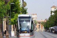 TUSSAM (Transportes Urbanos af Sevilla , Sociedad Anonima Municipal) Urbus 3, photographed in Sevilla 8. July 2015. Delivered 2011. Manufacturer: CAF. Quantity in Sevilla: 4.