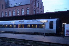 The "Øresundstog" trainset photographed in Helsingør 6. December 2008. . The trainset is built by Adtranz, Sweden (Bombardier Transportation). It is purchased in corporation between SJ, Sweden and DSB, Denmark. The trainsets are in operation between Sjælland in Denmark and southern Sweden via the bridge over Øresund. Each unit consists of 3 coaches. The trainsets was put in service in 2000 - 2003. Electric. 2.120 kW. Max speed 180 km/h - 112 mph. Length 78 900 mm. Weight 153 metric tonnes. 20 seats 1st class, 217 seats 2nd class. Up to 5 trainsets can be put together.