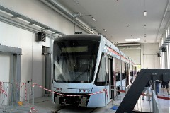 Stadler Variobahn, photographed at the work shop of Midttrafik in Aarhus, 8. October 2016.  This type will be delivered in a number of 14 . It has a maximum speed of 80 km/h. The new tram line is supposed to be ready for operation in 2017. The tram line transforms two existing railways - Odderbanen and the Grenaa railway - to an electric light rail. The two lines will be connected via a new track from Lystrup, Skejby, Randersvej, the urban harbor and Aarhus Central Station.