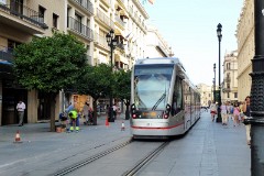 TUSSAM (Transportes Urbanos af Sevilla , Sociedad Anonima Municipal) Urbus 3, photographed in Sevilla 9. July 2015. Delivered 2011. Manufacturer: CAF. Quantity in Sevilla: 4.