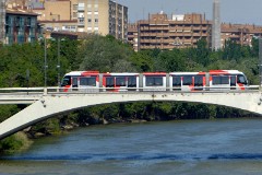 Tranvia Zaragoza, Urbus 3 photographed in Zaragoza, 1. June 2016. Delivered 2010 - 2012. Manufacturer: CAF. Quantity in Zaragoza: 21.